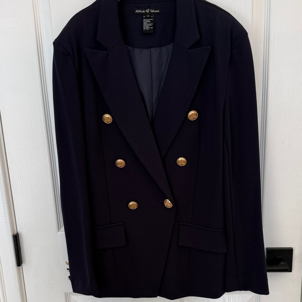 Attitudes by Renee Navy Double-Breasted Blazer with Gold Buttons